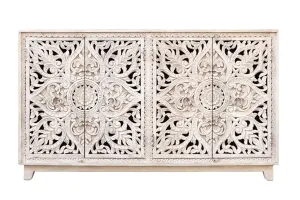 Antique Indian Jali Hand Carved Solid Wooden Sideboard Whitewash 165x45x97cm A0276