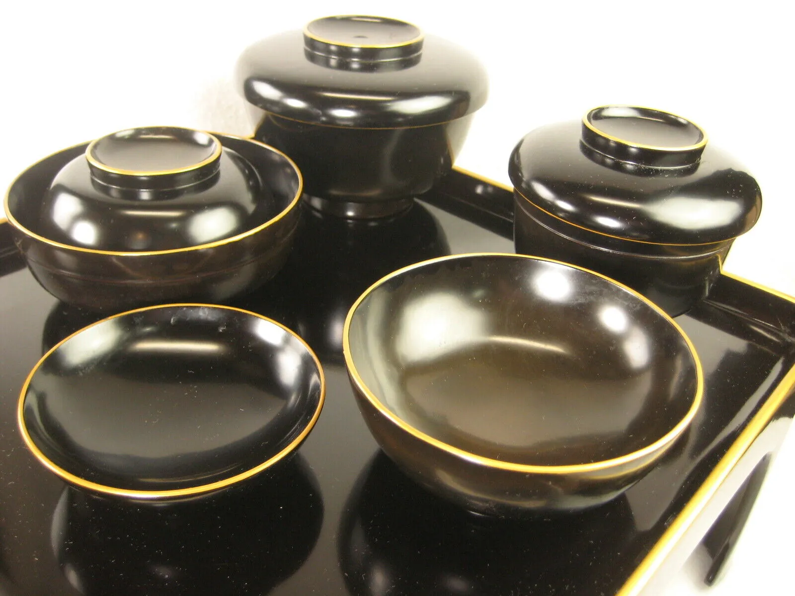 Antique Japanese Meiji Wood & Lacquer Set of 9 Obon Ozen Serving Tray & Bowls