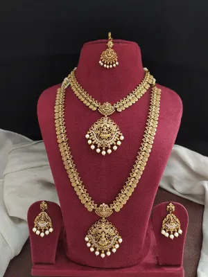 Antique Lakshmi Semi-Bridal Set – Peacock Design with Zircon & Kemp Stones