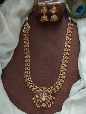 Antique Long Haram Set with Lakshmi and Ruby & Green Stones