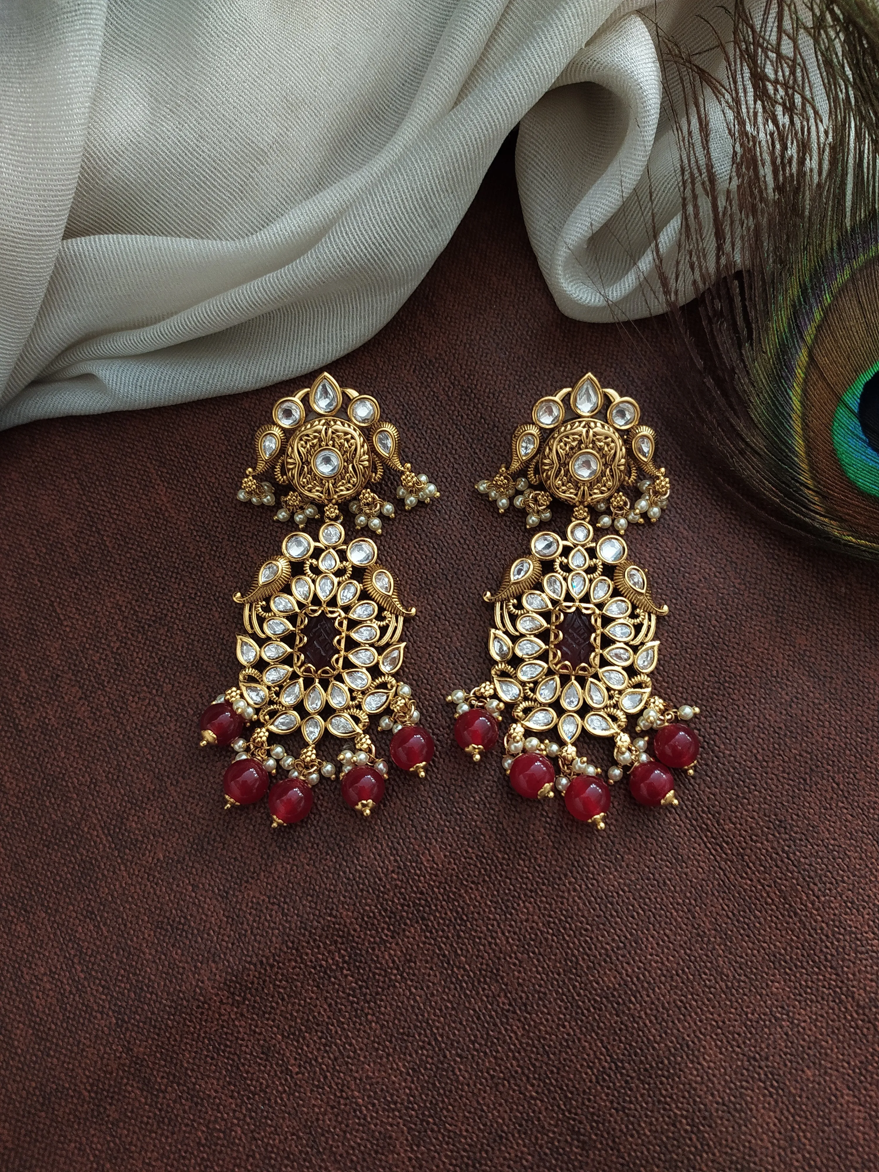 Antique Long Haram Set with Ruby Quartz, Kundan Stones, and Pearl Drops