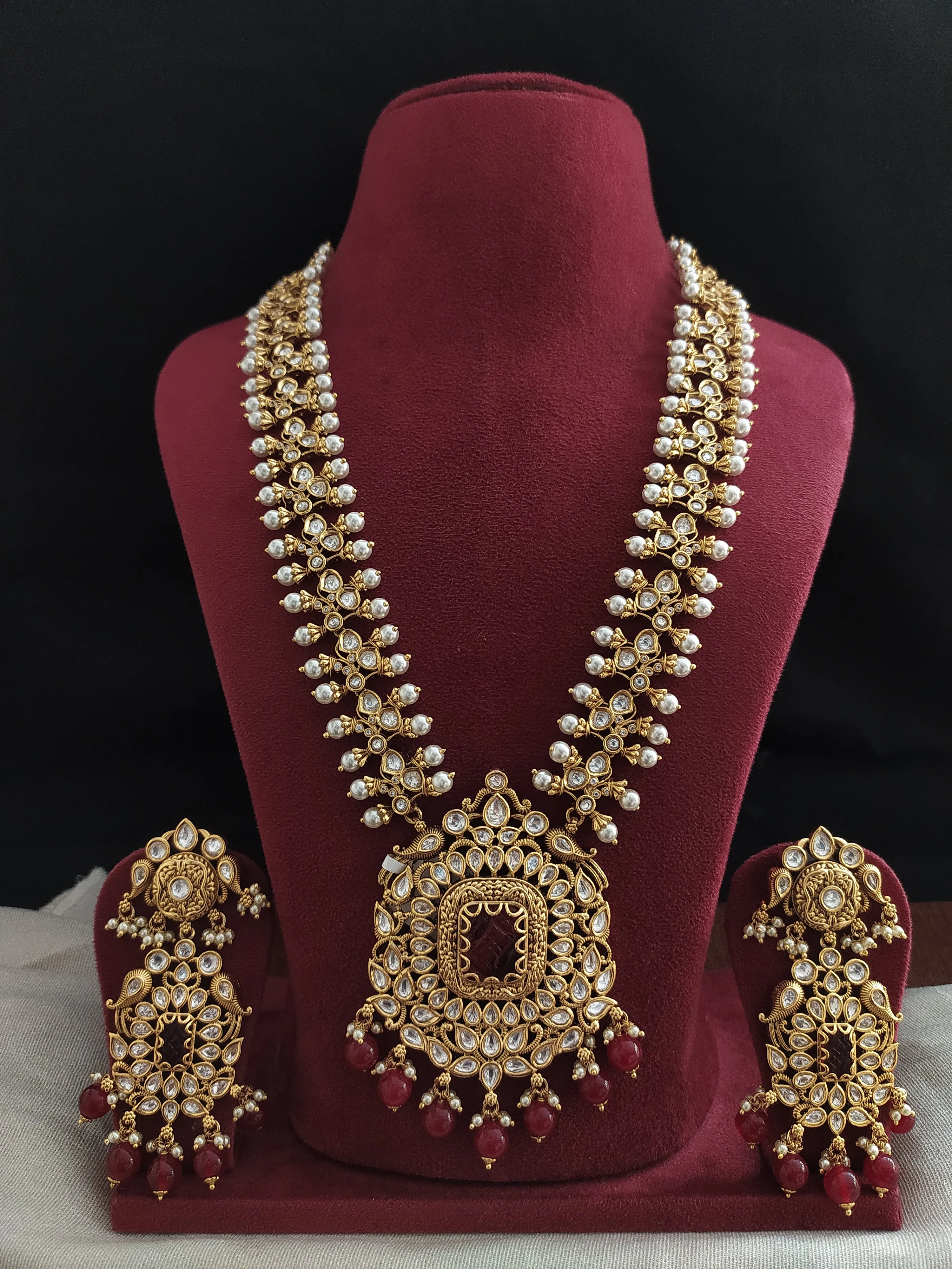 Antique Long Haram Set with Ruby Quartz, Kundan Stones, and Pearl Drops