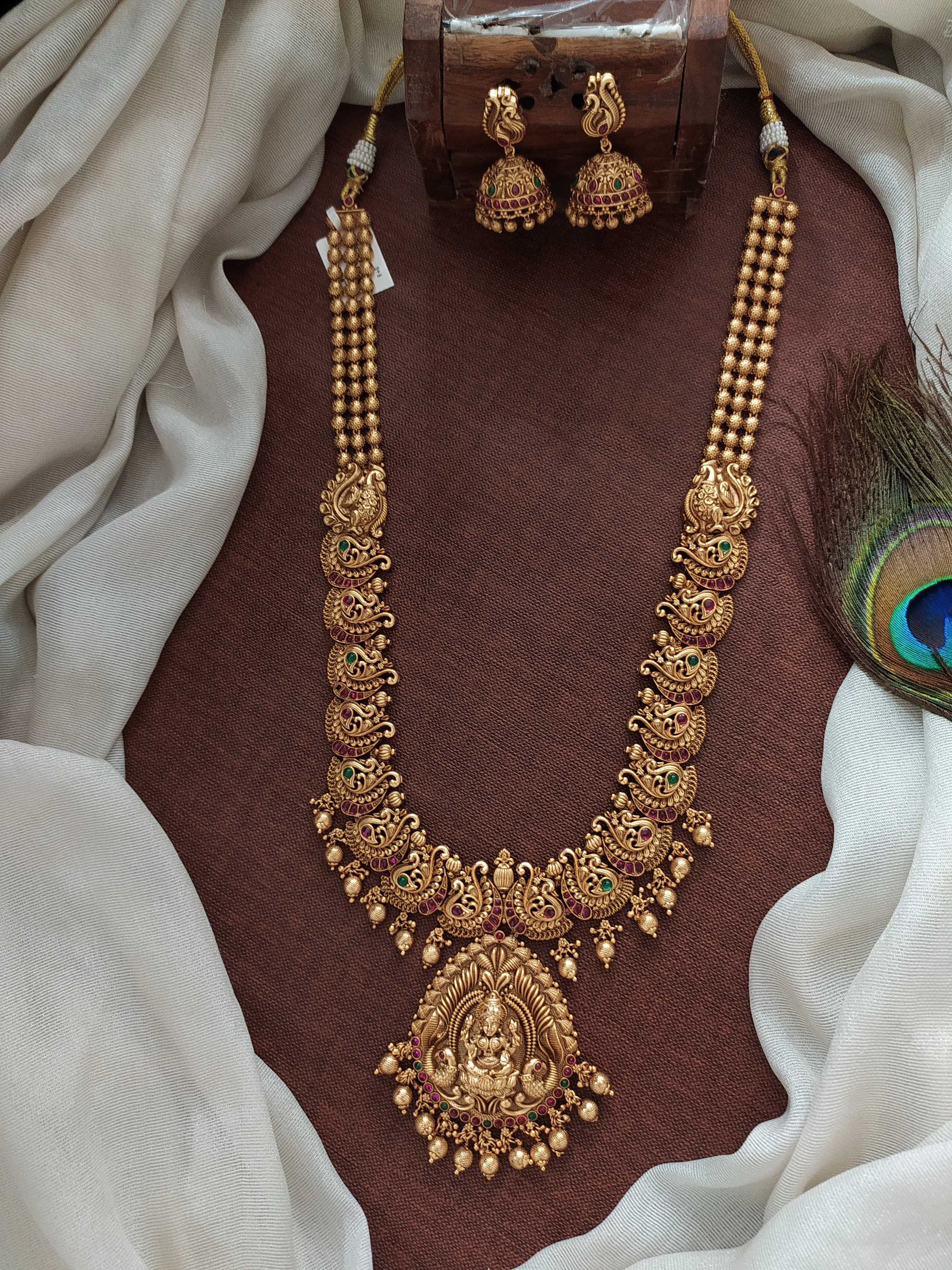 Antique Long Haram with Jhumki Featuring Lakshmi and Peacocks with Nagas Work and Kemp Stones