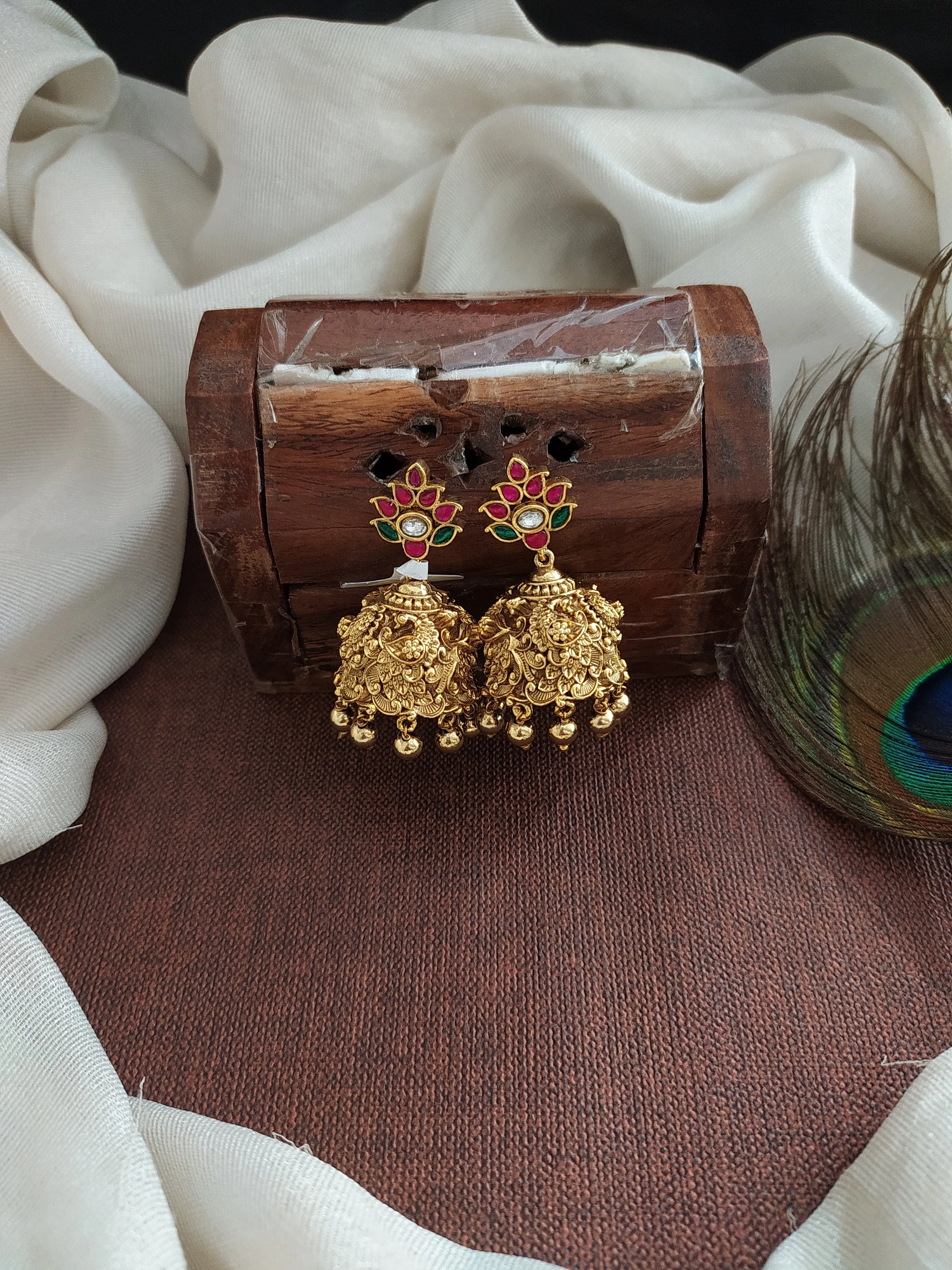 Antique Nakshi Work Jhumki with Jadau Kundan Stones and Gold Ball Drops