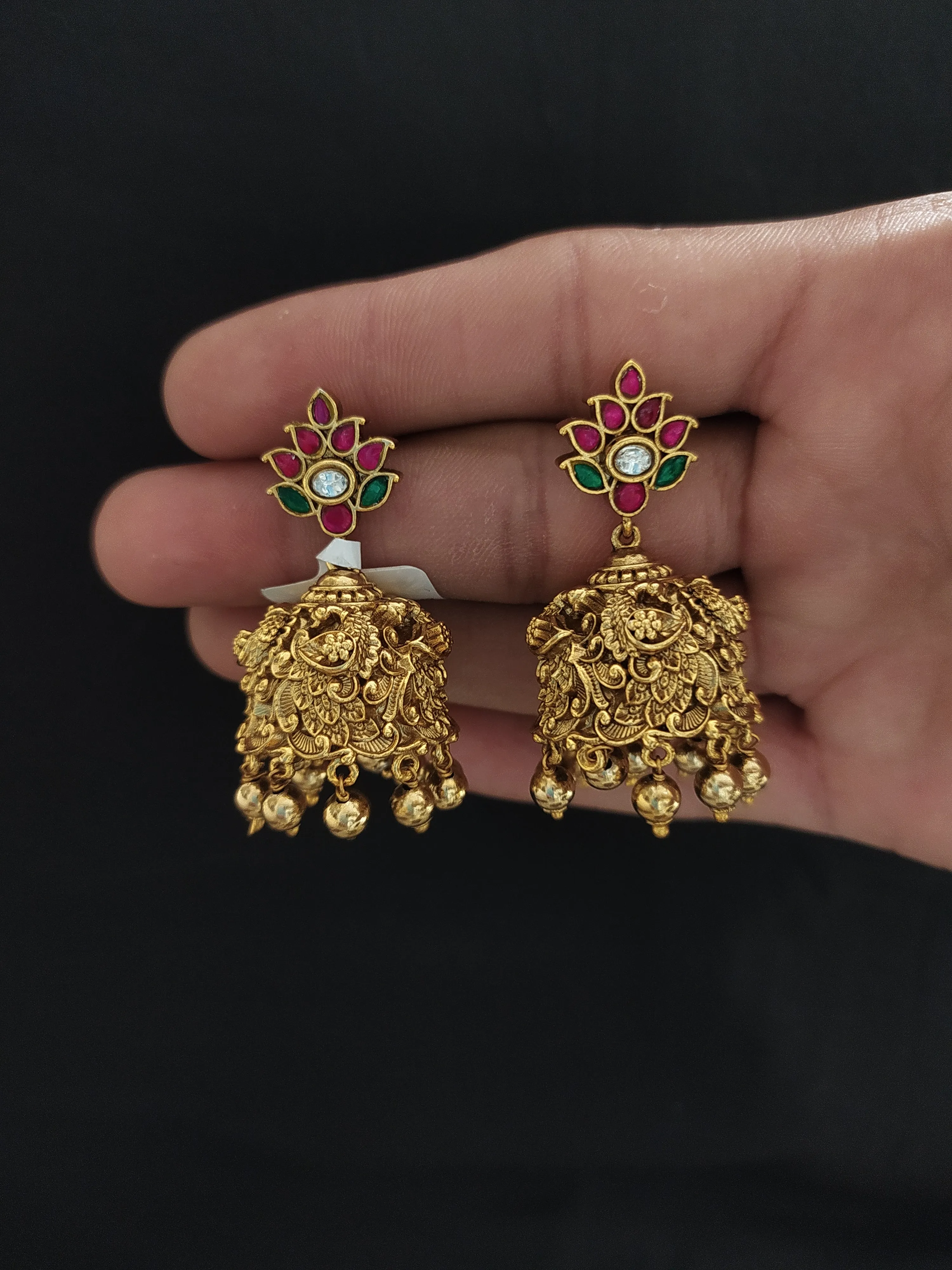 Antique Nakshi Work Jhumki with Jadau Kundan Stones and Gold Ball Drops