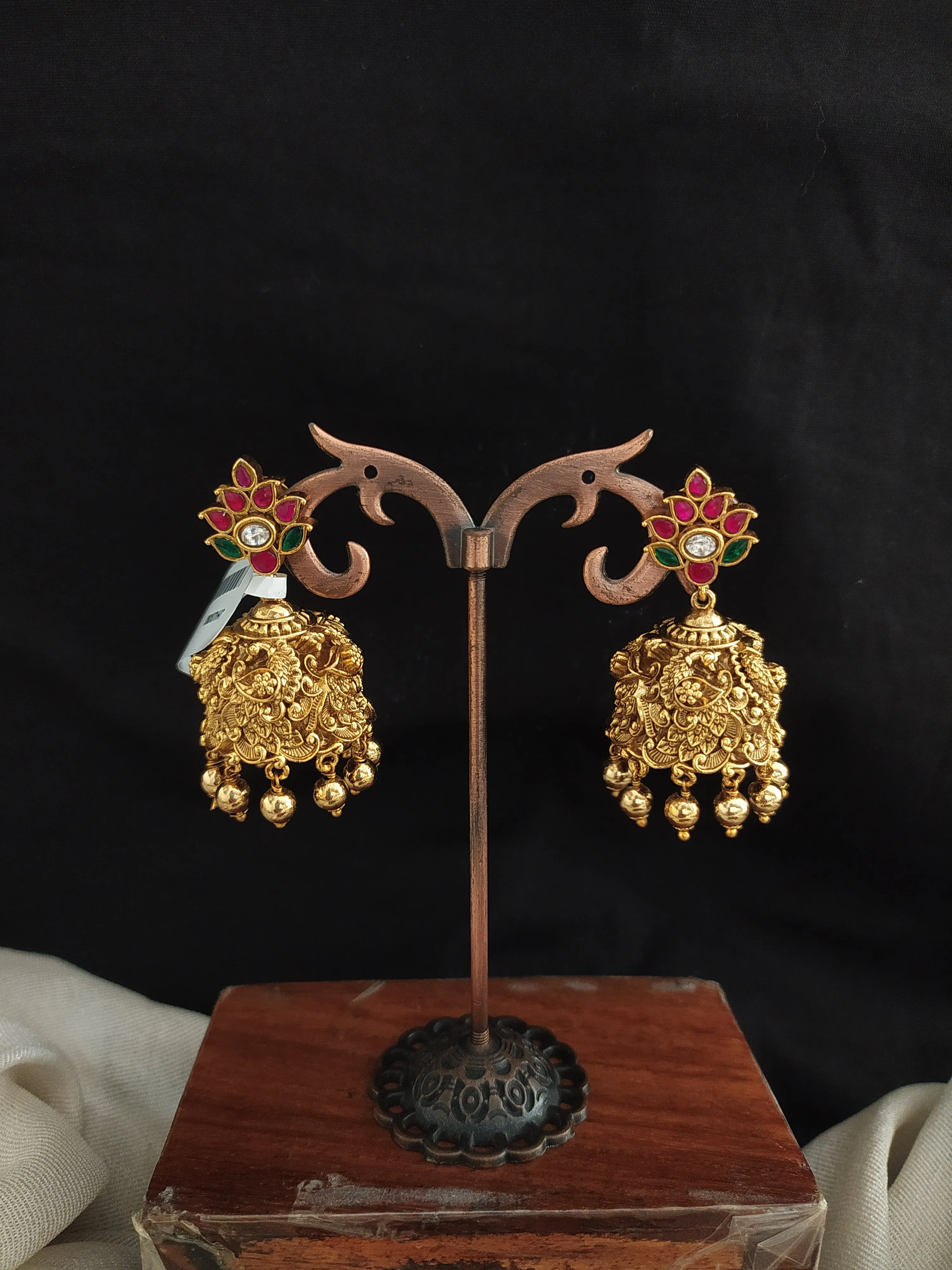 Antique Nakshi Work Jhumki with Jadau Kundan Stones and Gold Ball Drops