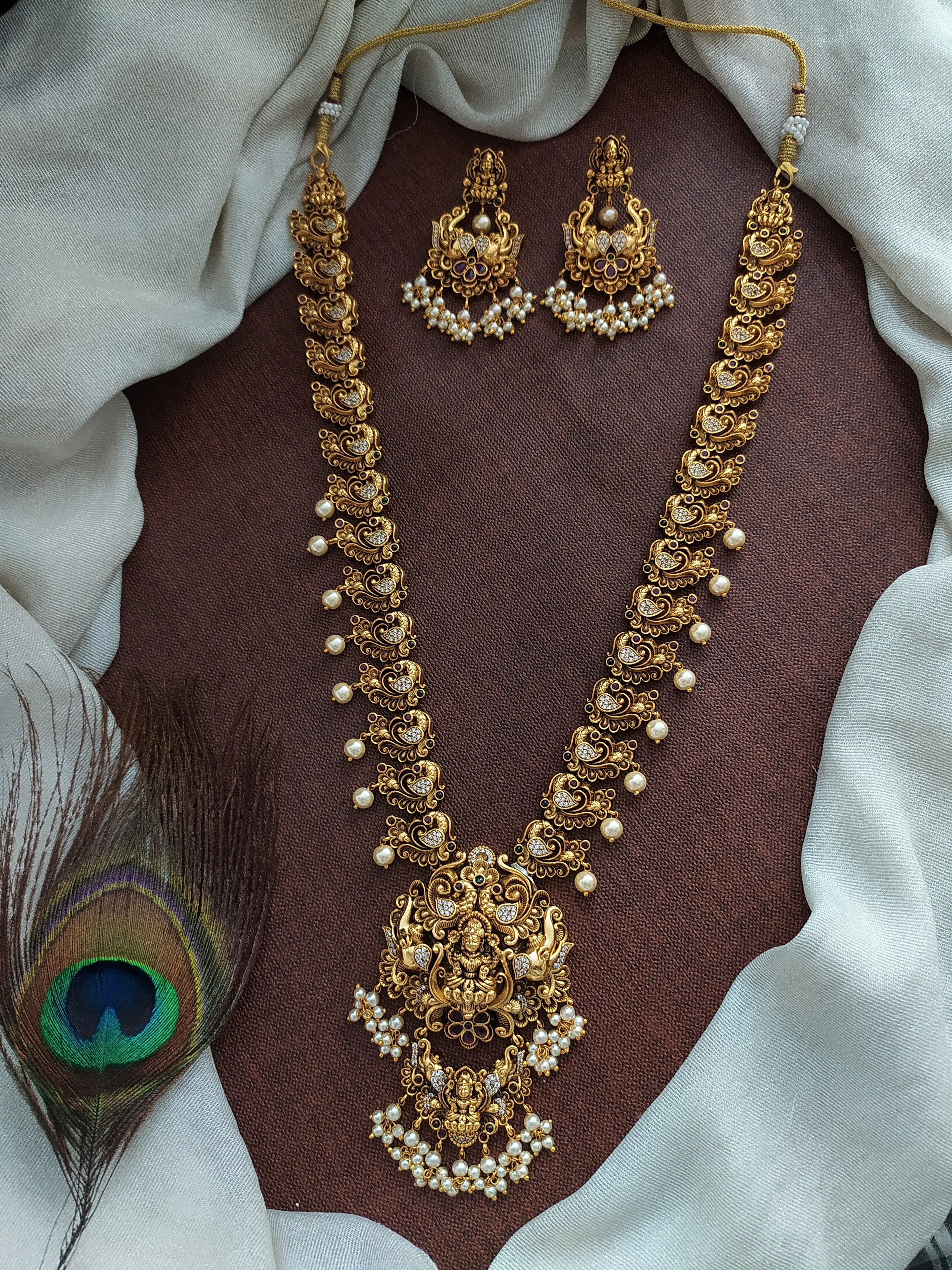 Antique Nakshi Work Lakshmi Long Haram Set with Chandbali Earrings