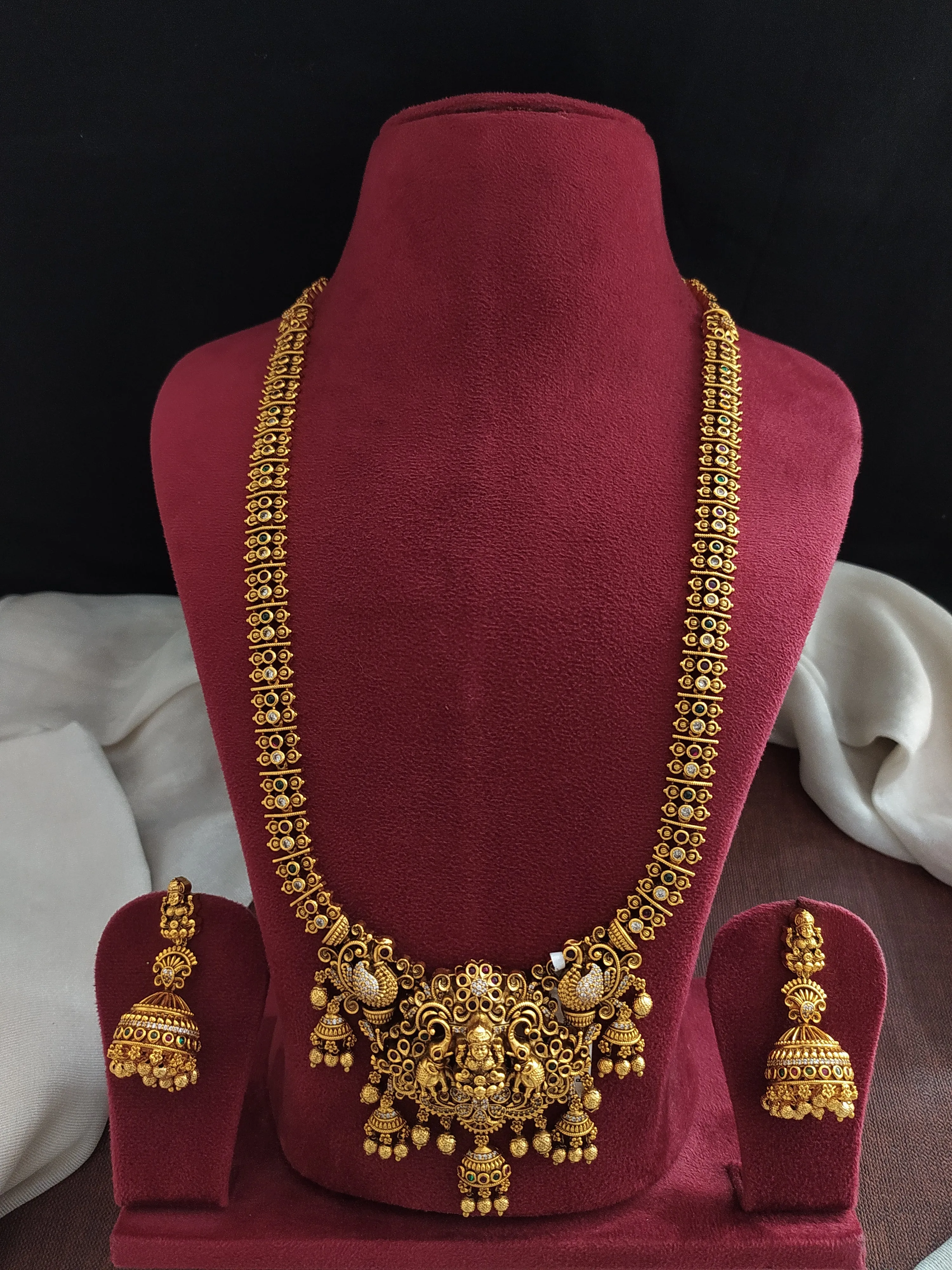 Antique Nakshi Work Lakshmi Long Haram Set with Matching Jhumki