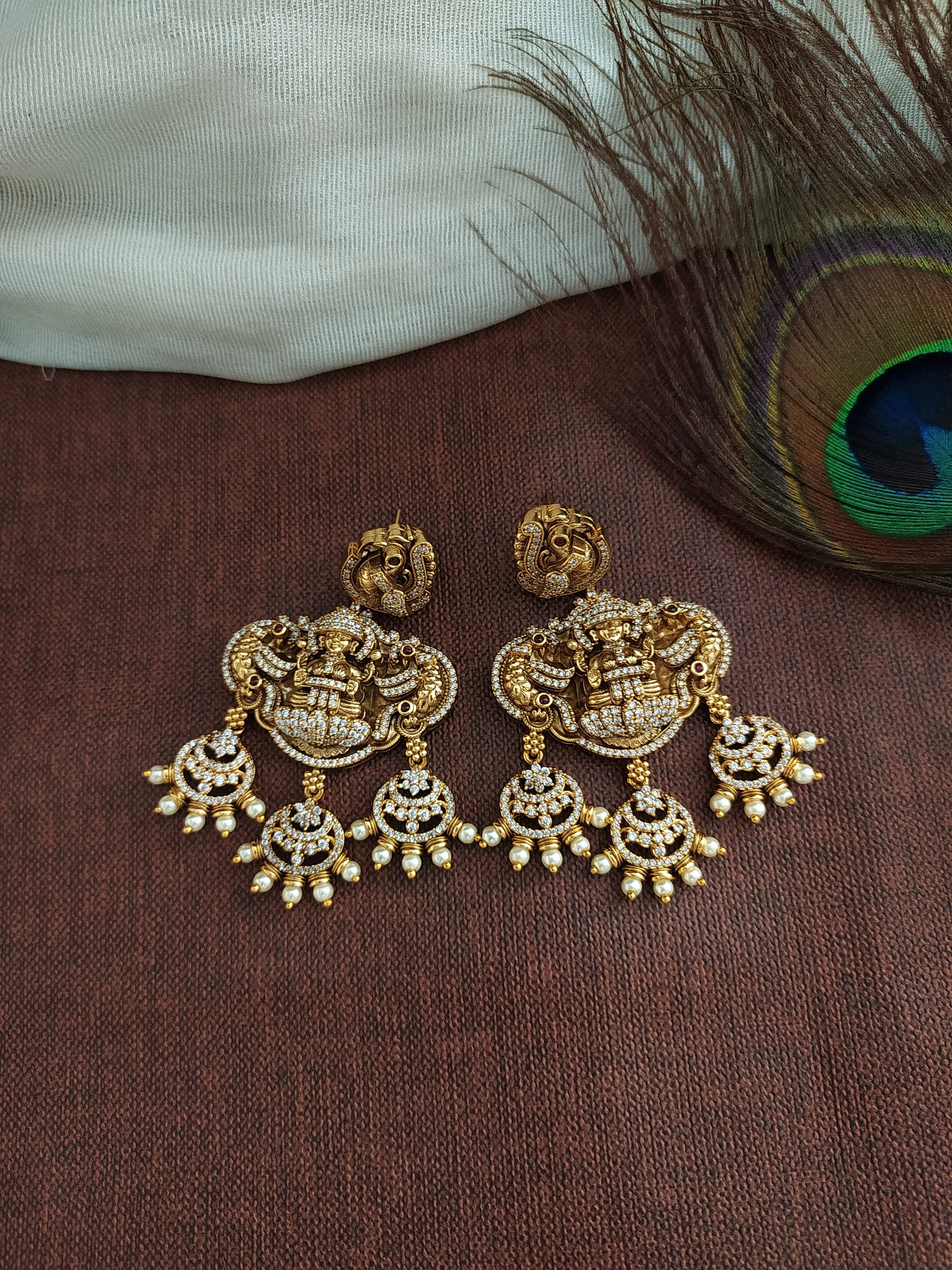 Antique Nakshi Work Lakshmi Long Haram Set with Zircon Stones and Peacock Design