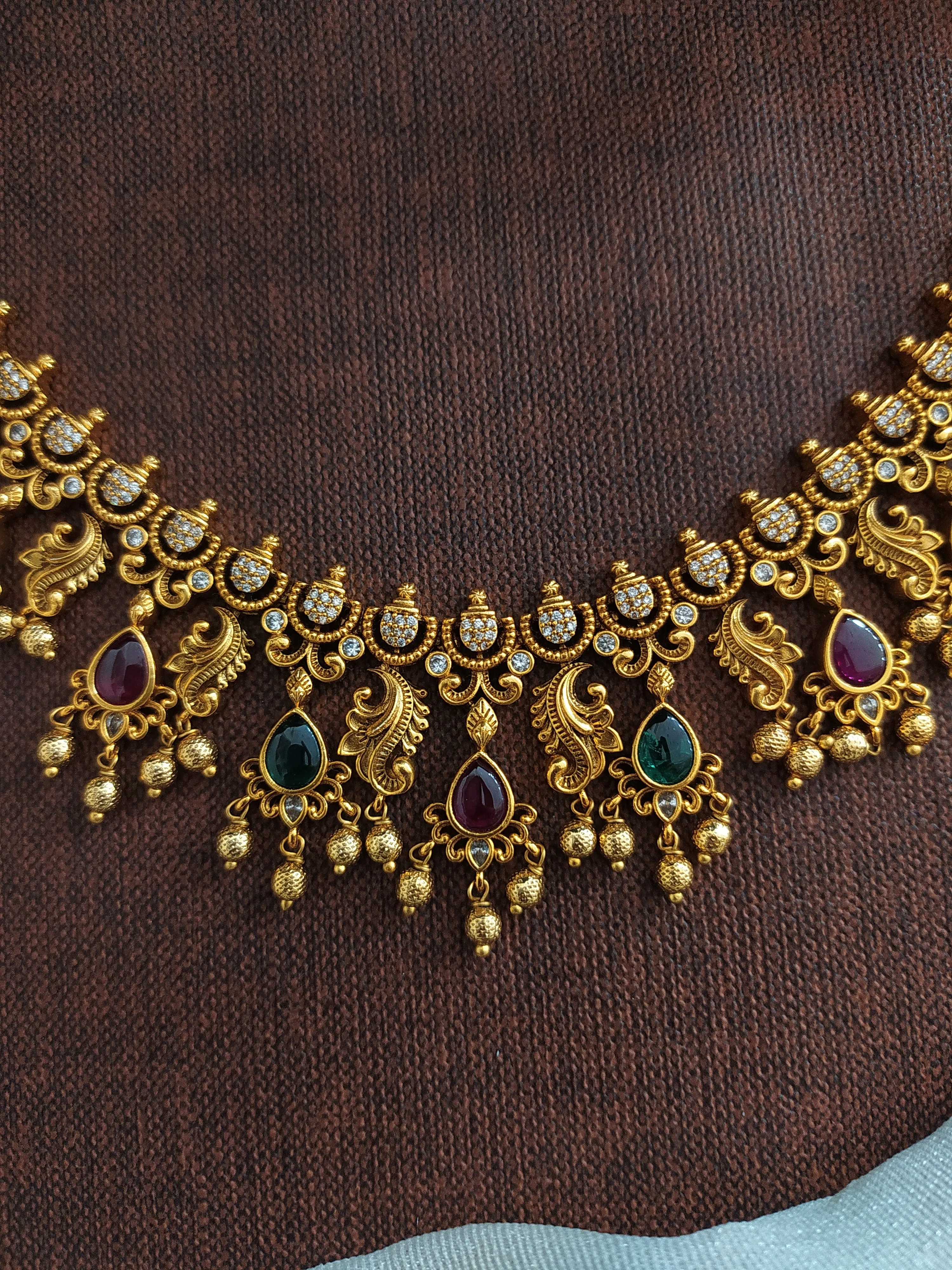 Antique Necklace Set with Kemp, Green, and White Stones and Golden Drops