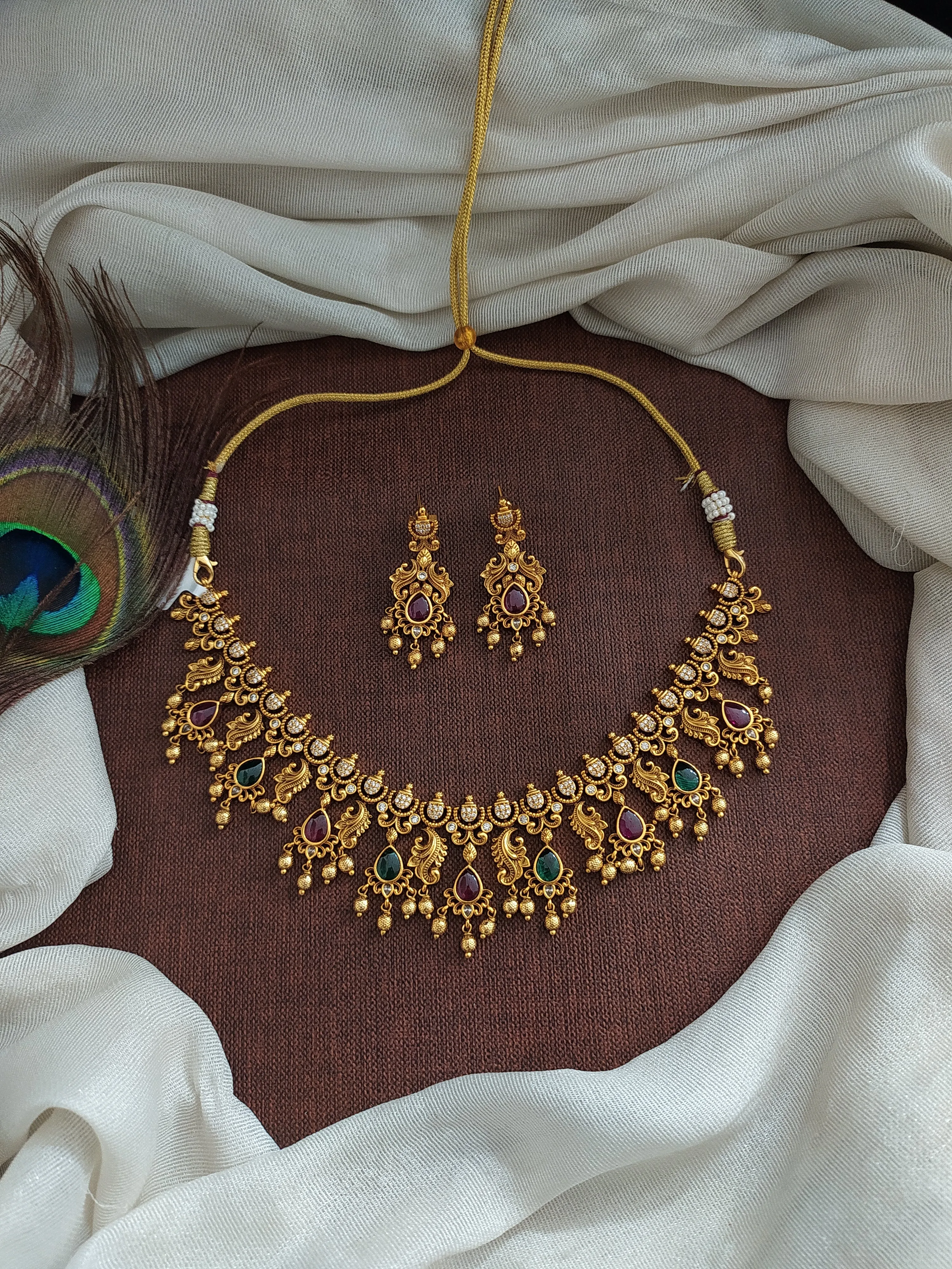 Antique Necklace Set with Kemp, Green, and White Stones and Golden Drops