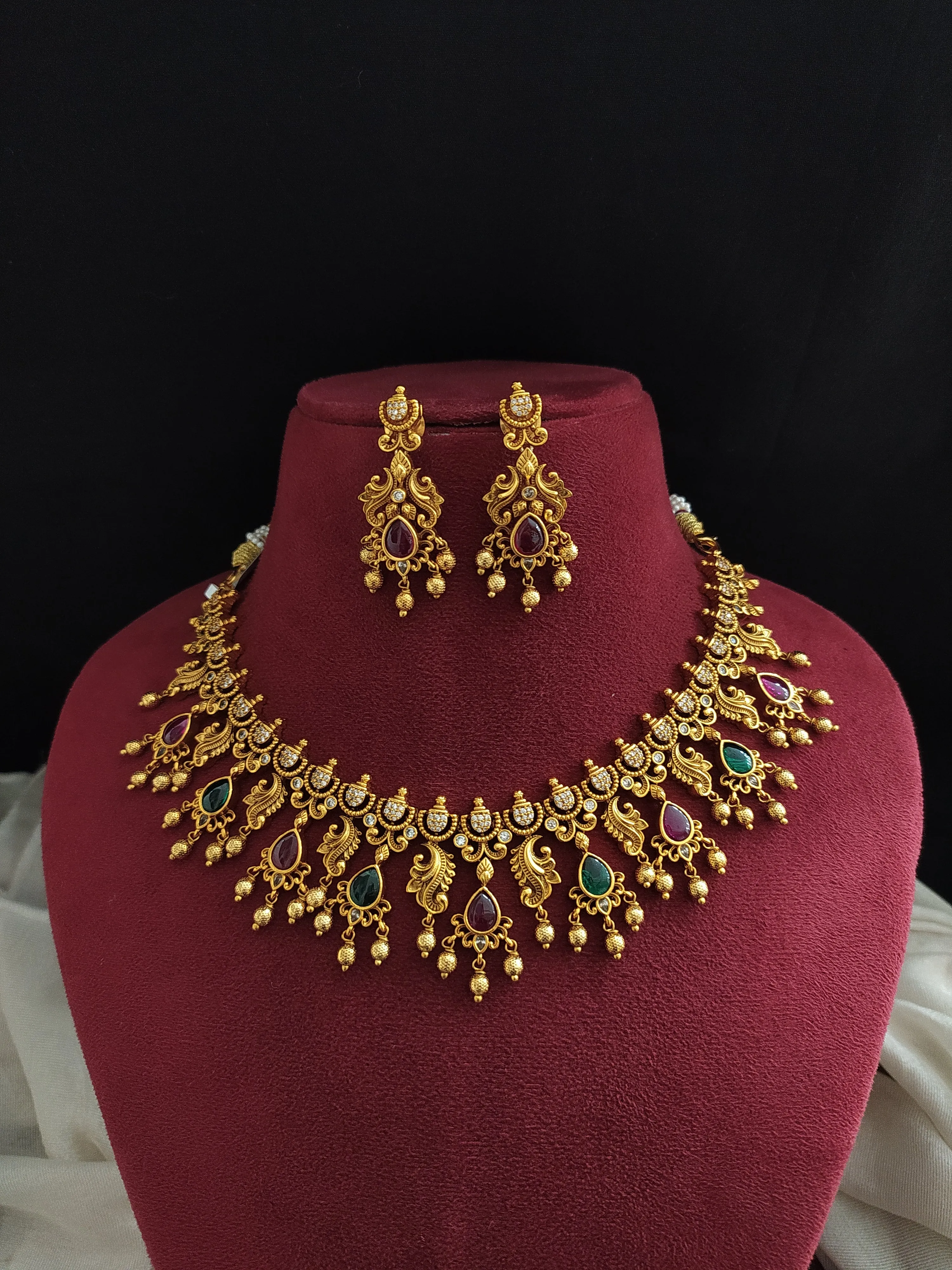 Antique Necklace Set with Kemp, Green, and White Stones and Golden Drops