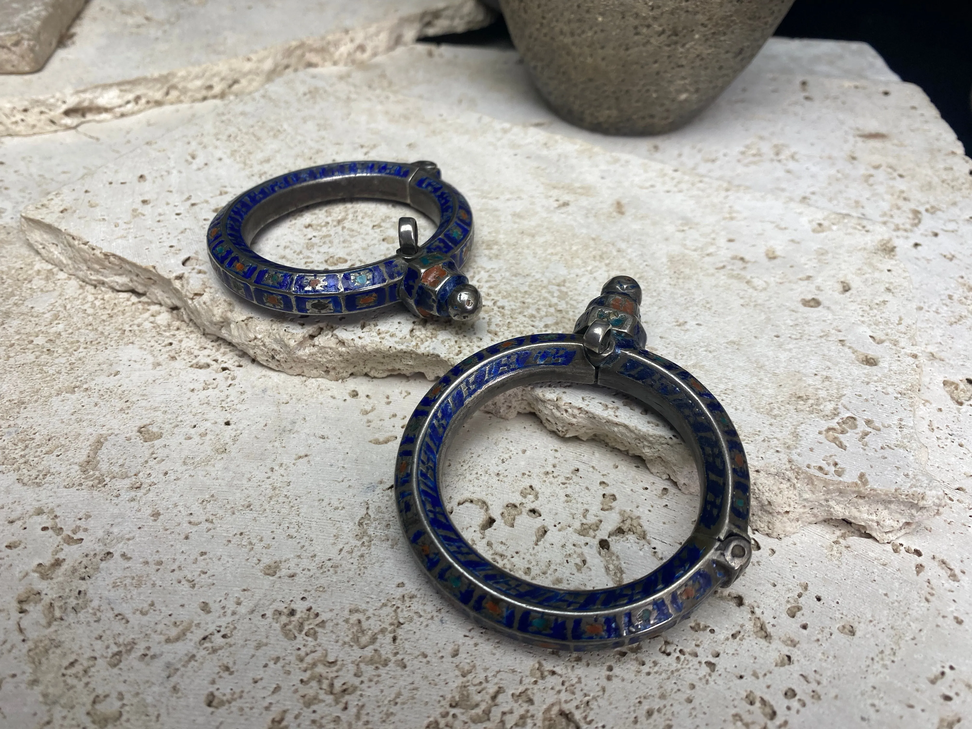 Antique Pair Of Multan Enamel  Silver Bracelets