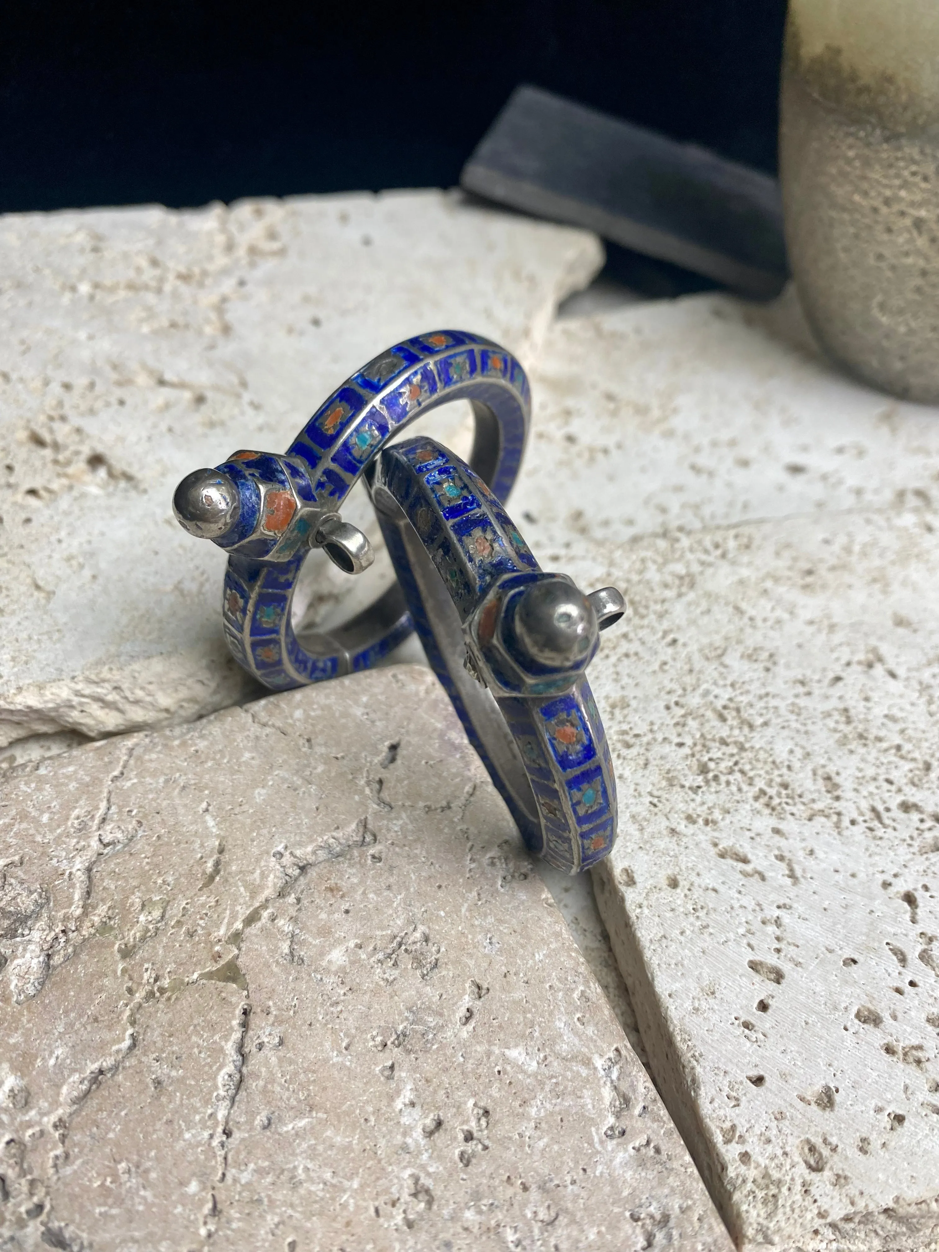 Antique Pair Of Multan Enamel  Silver Bracelets