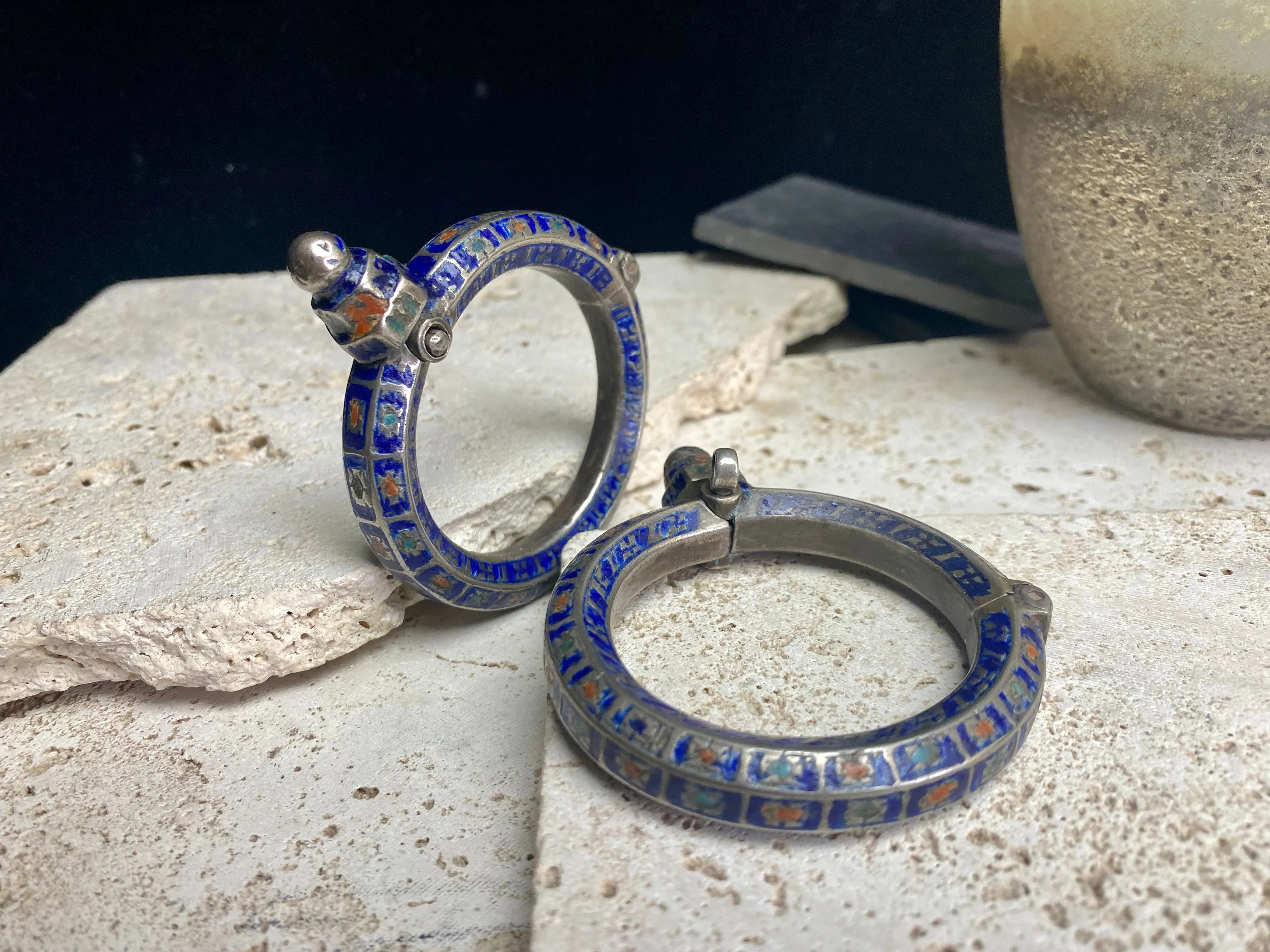 Antique Pair Of Multan Enamel  Silver Bracelets