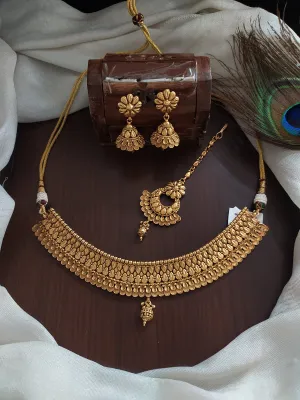 Antique Plain Choker Set with Jhumki and Tikka