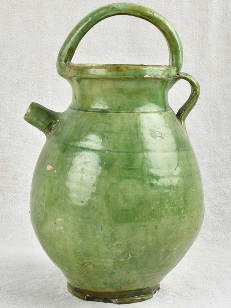 Antique Provençal Terracotta water jug w/ Dark Green glaze 11½"