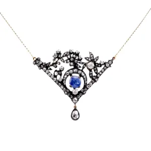 Antique Style  4 Carat Sapphire Diamond 18K Yellow Gold Silver Necklace