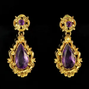 Antique Victorian 18Ct Gold Amethyst Drop Earrings Circa 1900