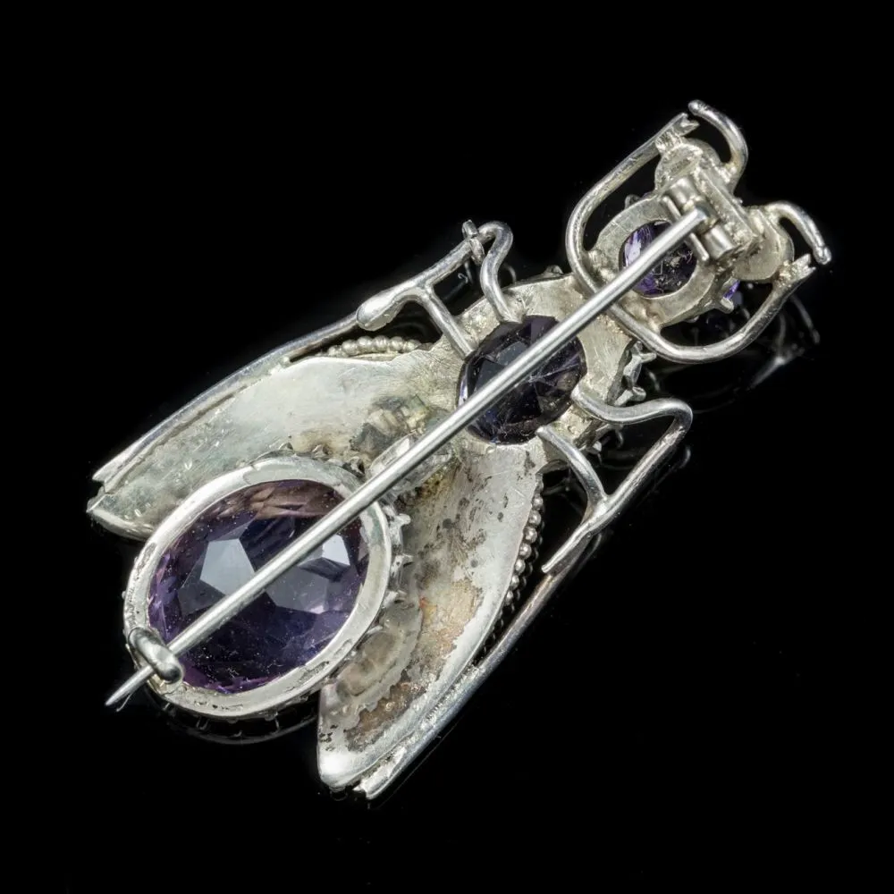 Antique Victorian Amethyst Insect Brooch Silver Circa 1900