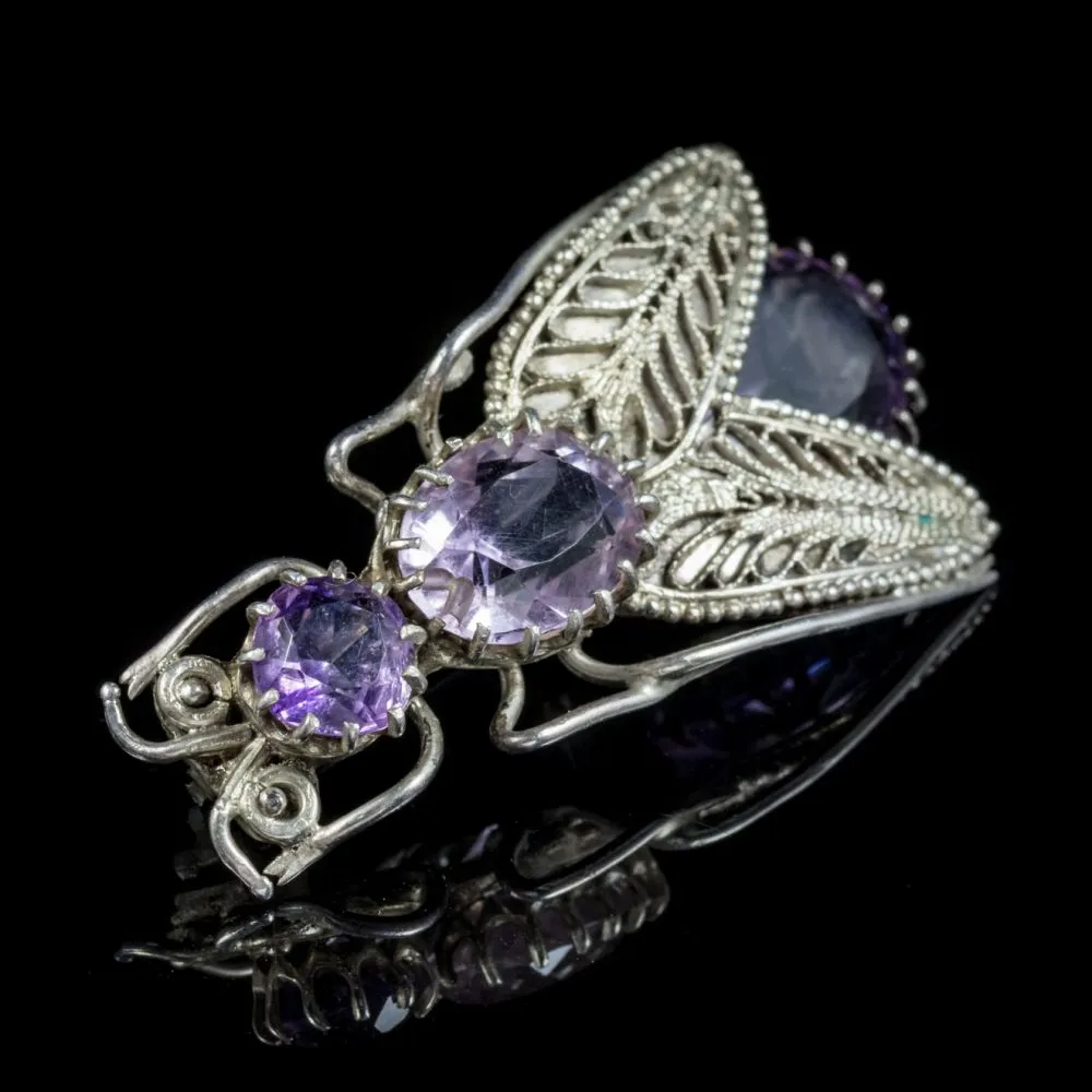 Antique Victorian Amethyst Insect Brooch Silver Circa 1900