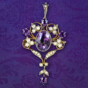 Antique Victorian Amethyst Pearl Ivy Pendant 15ct Gold