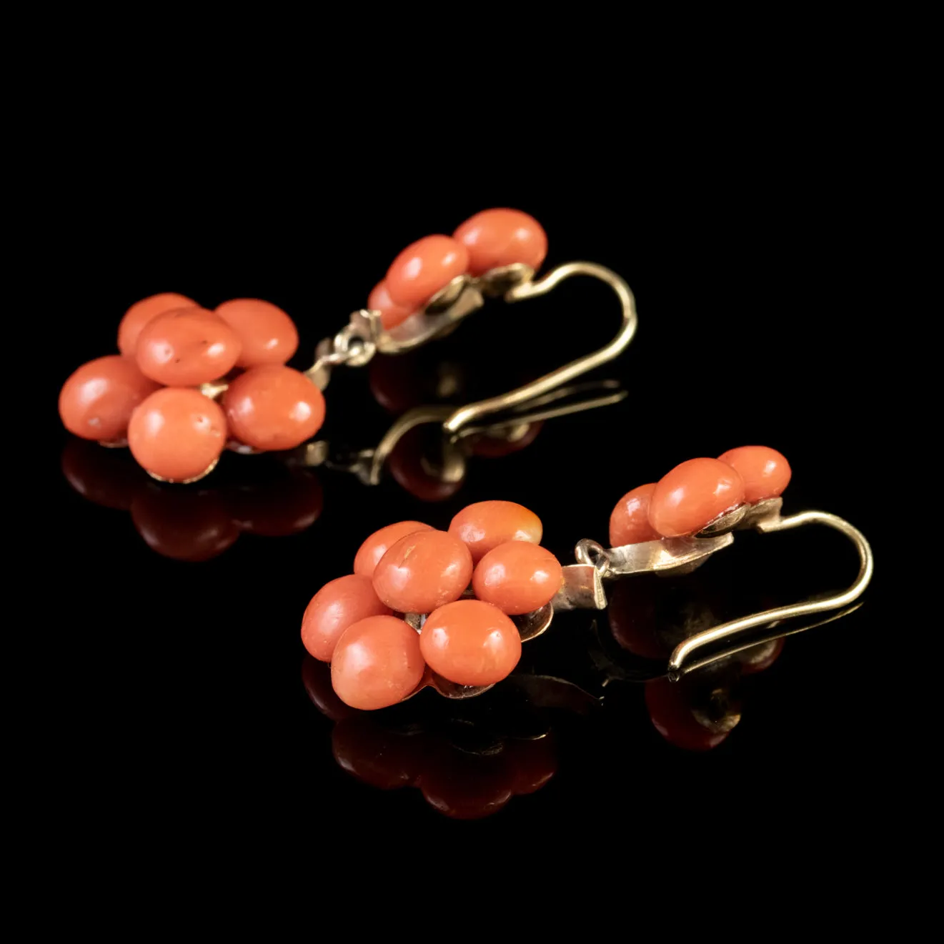 Antique Victorian Coral Drop Earrings 18Ct Gold Circa 1900