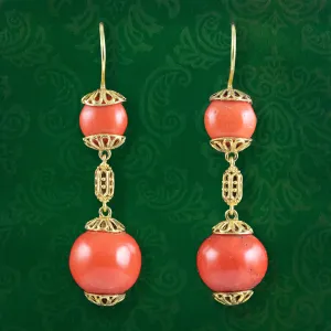 Antique Victorian Coral Drop Earrings 18ct Gold