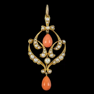 Antique Victorian Coral Pearl Pendant 15Ct Gold Circa 1900