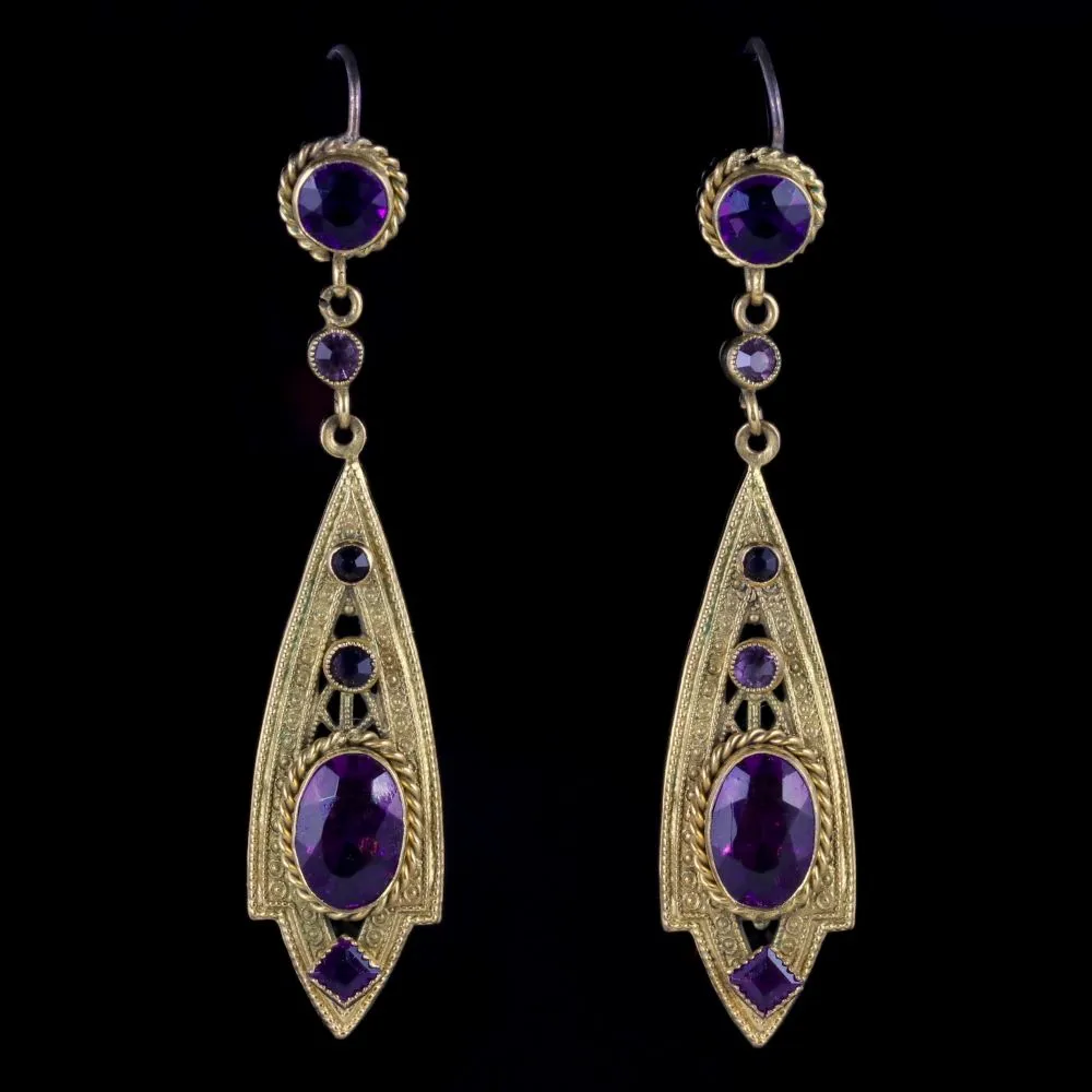 Antique Victorian Drop Earrings Purple Paste Gold Gilt Circa 1900