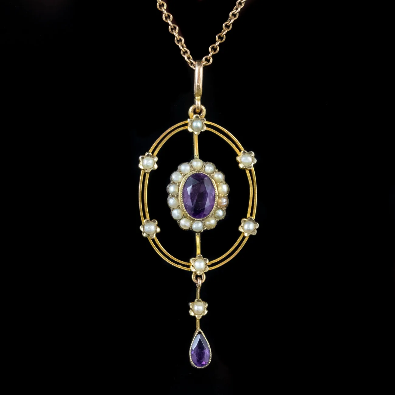 Antique Victorian Pendant Necklace Amethyst Pearl 9Ct Gold Circa 1880