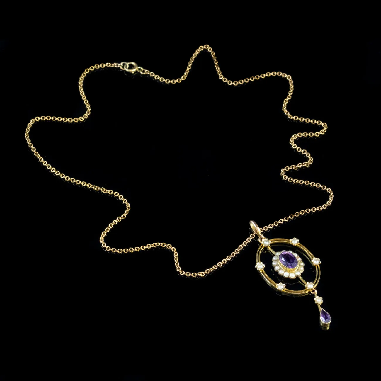 Antique Victorian Pendant Necklace Amethyst Pearl 9Ct Gold Circa 1880