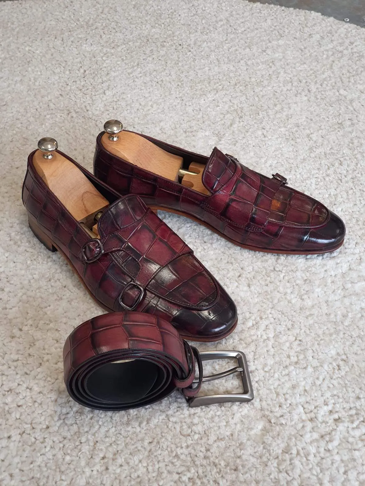 Antonio Burgundy Double Monk Strap Loafers