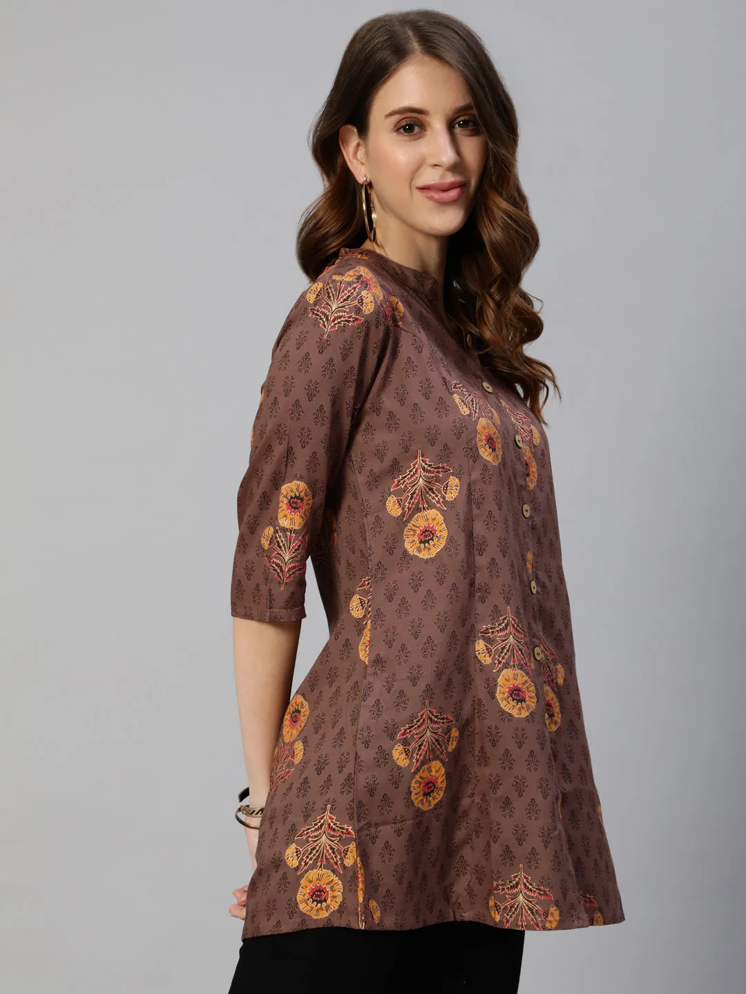 Anubhutee Brown  Yellow Floral Foil Printed Kurti