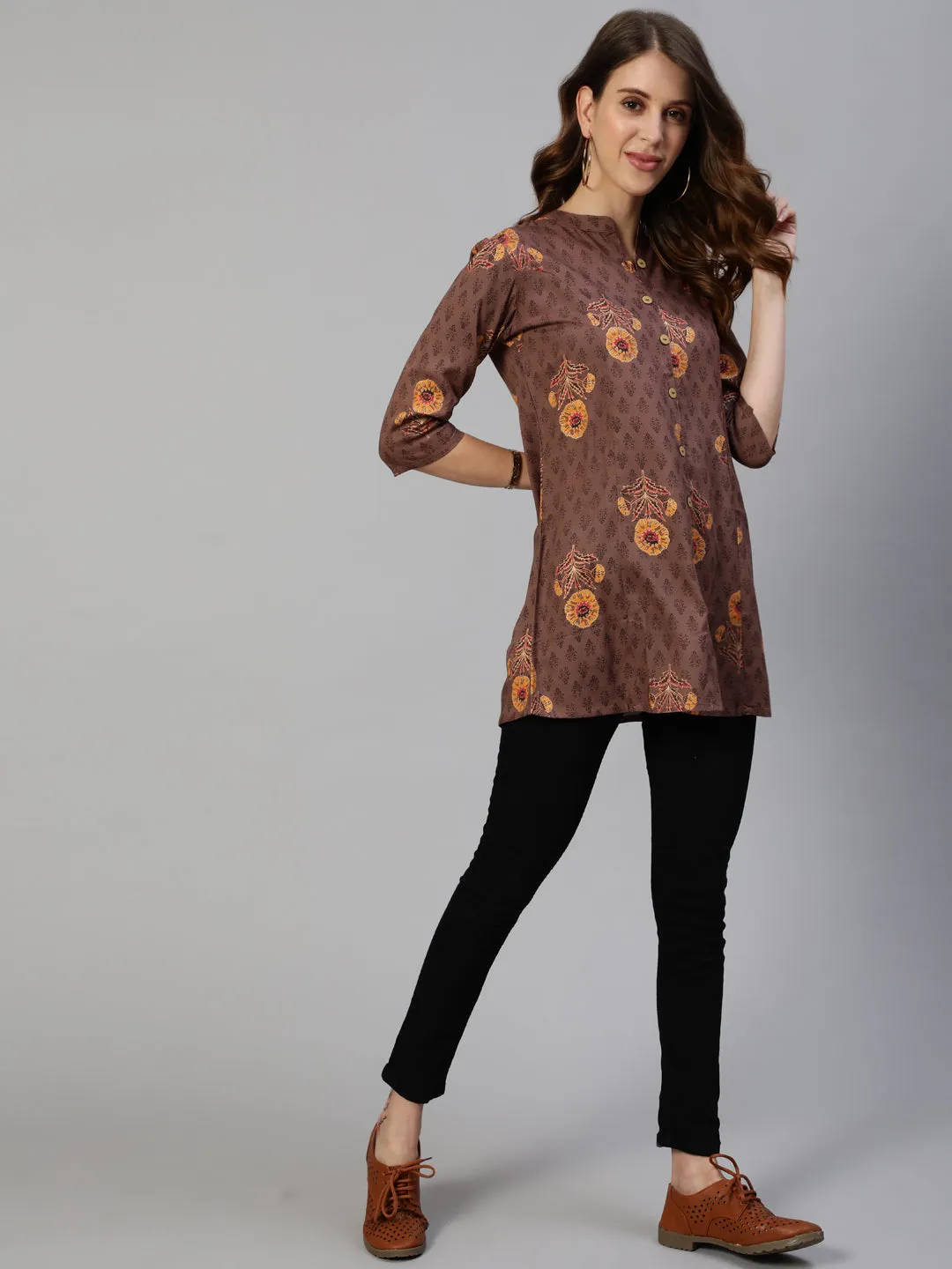 Anubhutee Brown  Yellow Floral Foil Printed Kurti