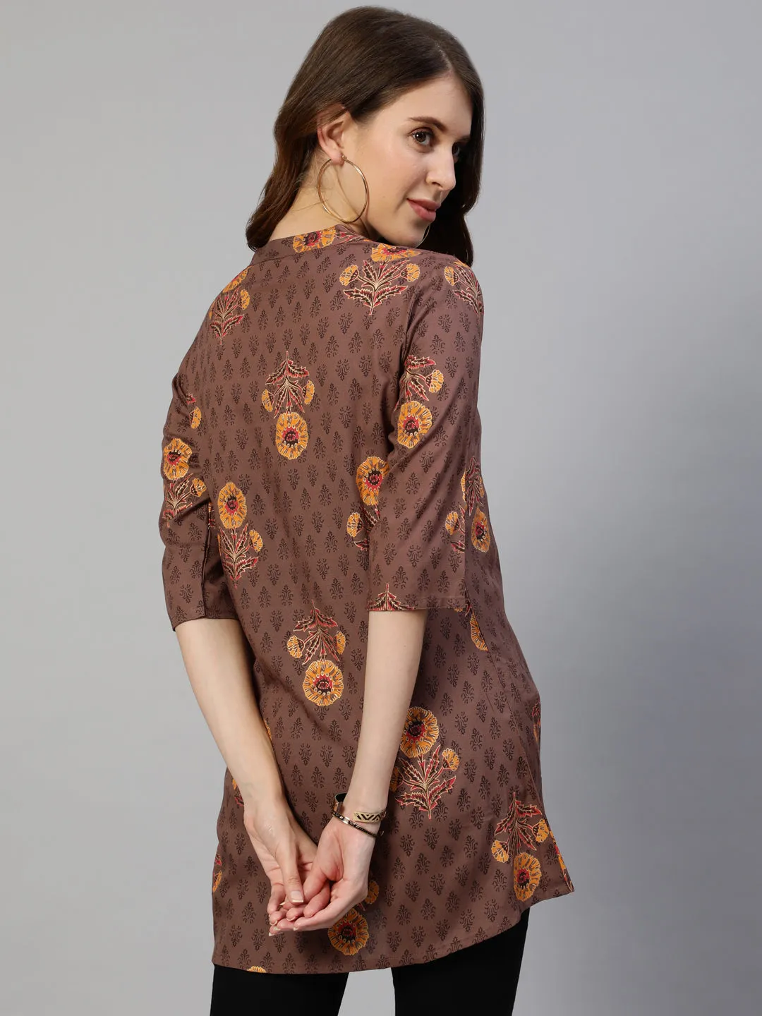 Anubhutee Brown  Yellow Floral Foil Printed Kurti