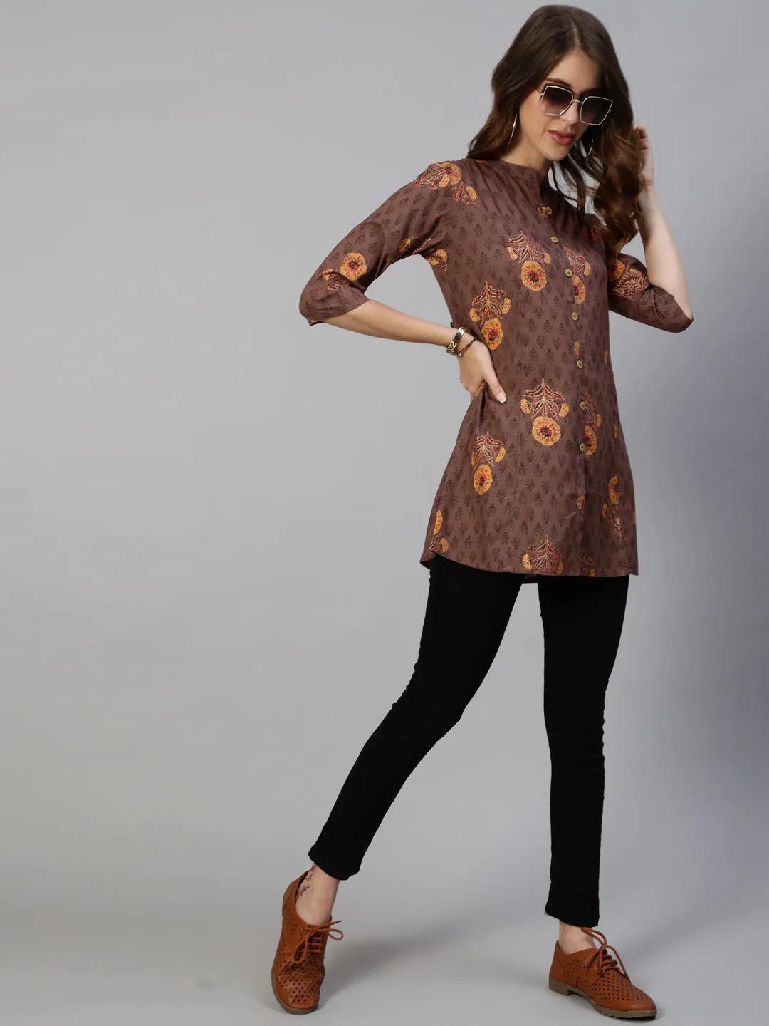 Anubhutee Brown  Yellow Floral Foil Printed Kurti