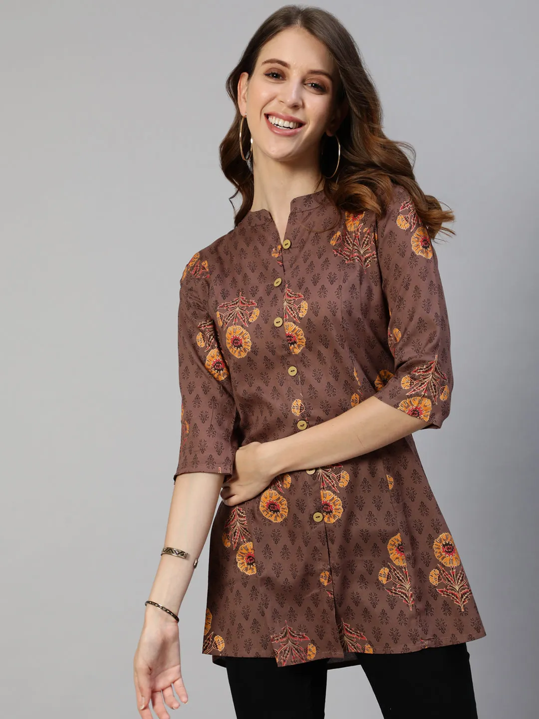 Anubhutee Brown  Yellow Floral Foil Printed Kurti