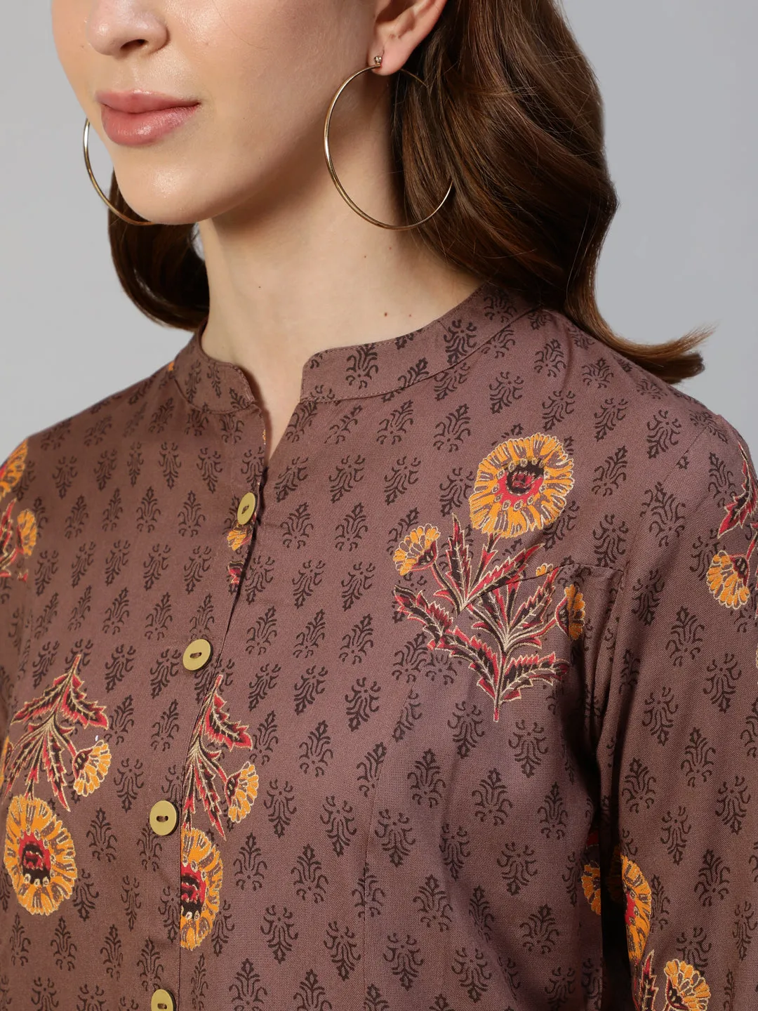 Anubhutee Brown  Yellow Floral Foil Printed Kurti