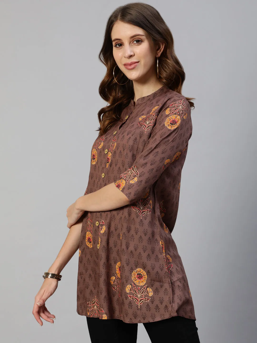 Anubhutee Brown  Yellow Floral Foil Printed Kurti