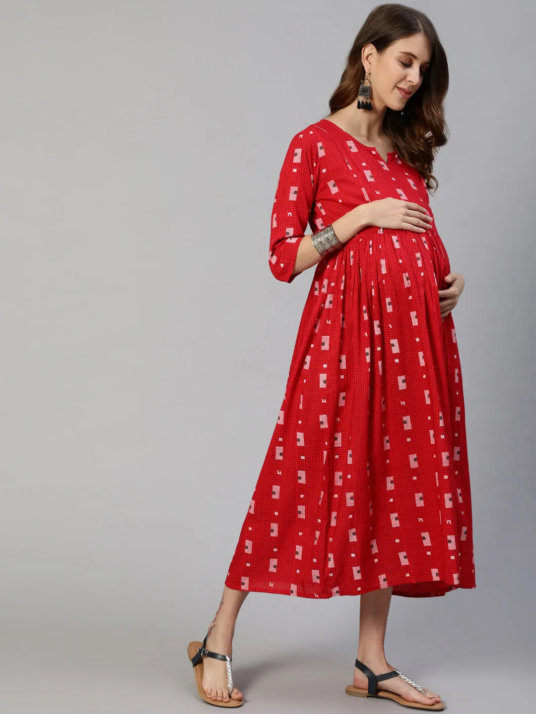 Anubhutee Red Geometric Printed Maternity Fit  Flare Midi Dress