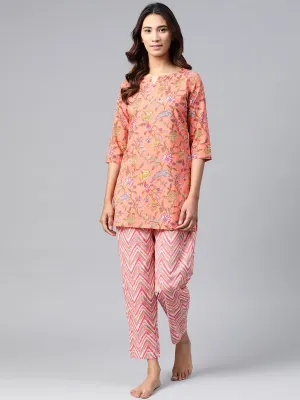 Anubhutee Women Coral Pink  Yellow Pure Cotton Printed Night suit