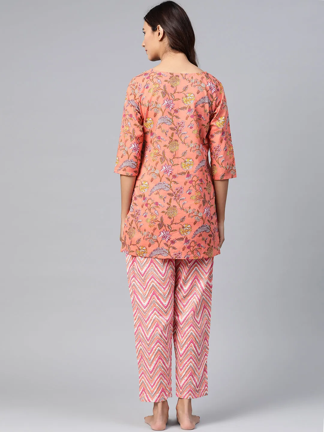 Anubhutee Women Coral Pink  Yellow Pure Cotton Printed Night suit