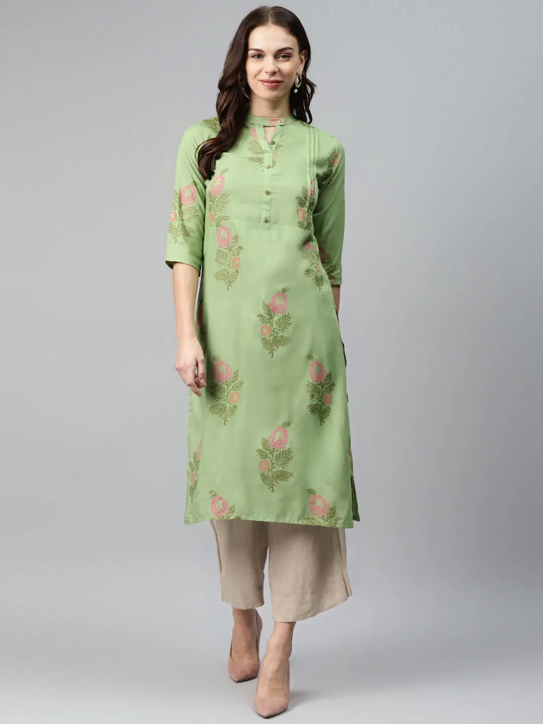 Anubhutee Women Green  Pink Printed Straight Kurta