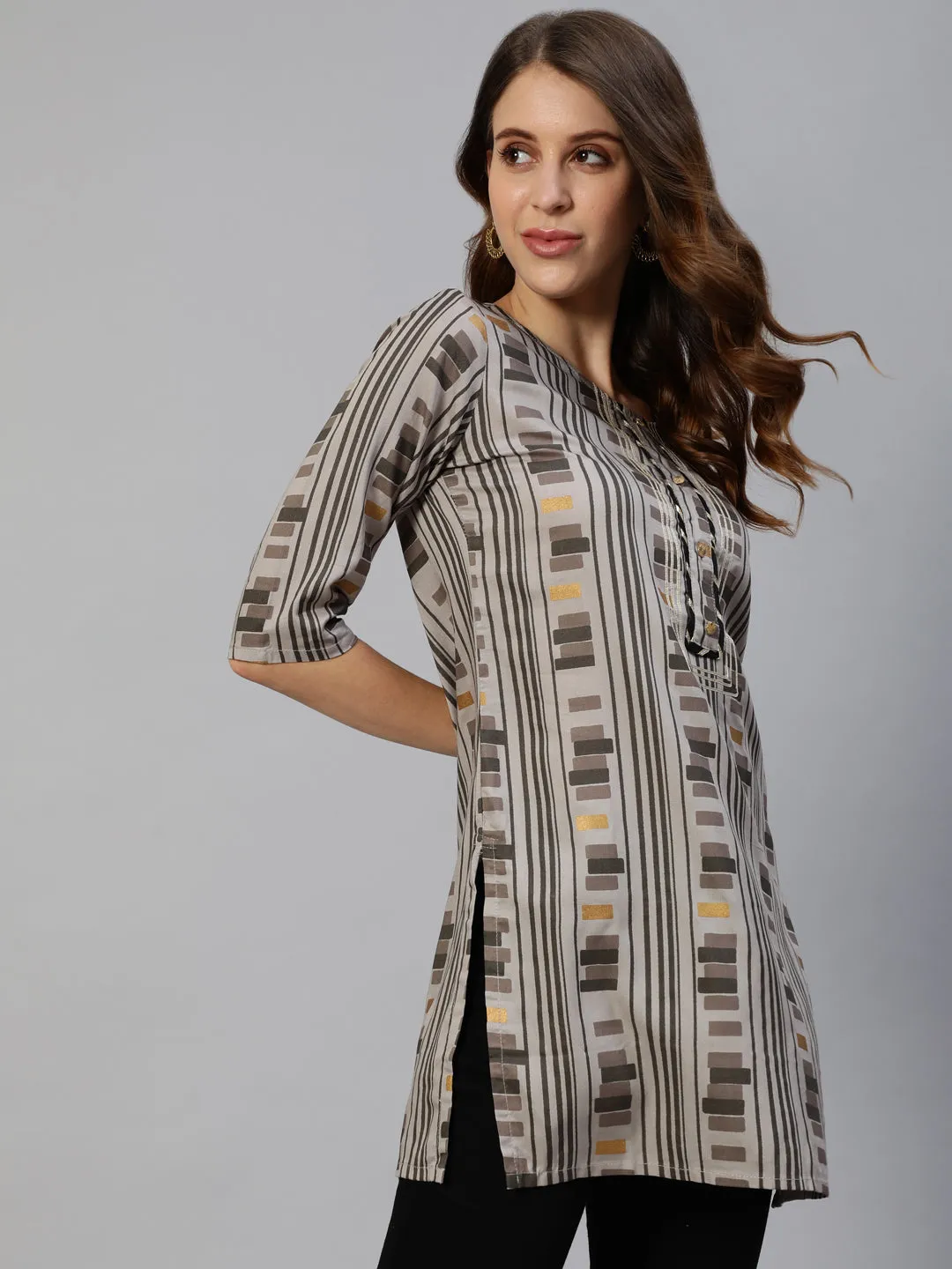 Anubhutee Women Grey  Black Geometric Printed Straight Kurti