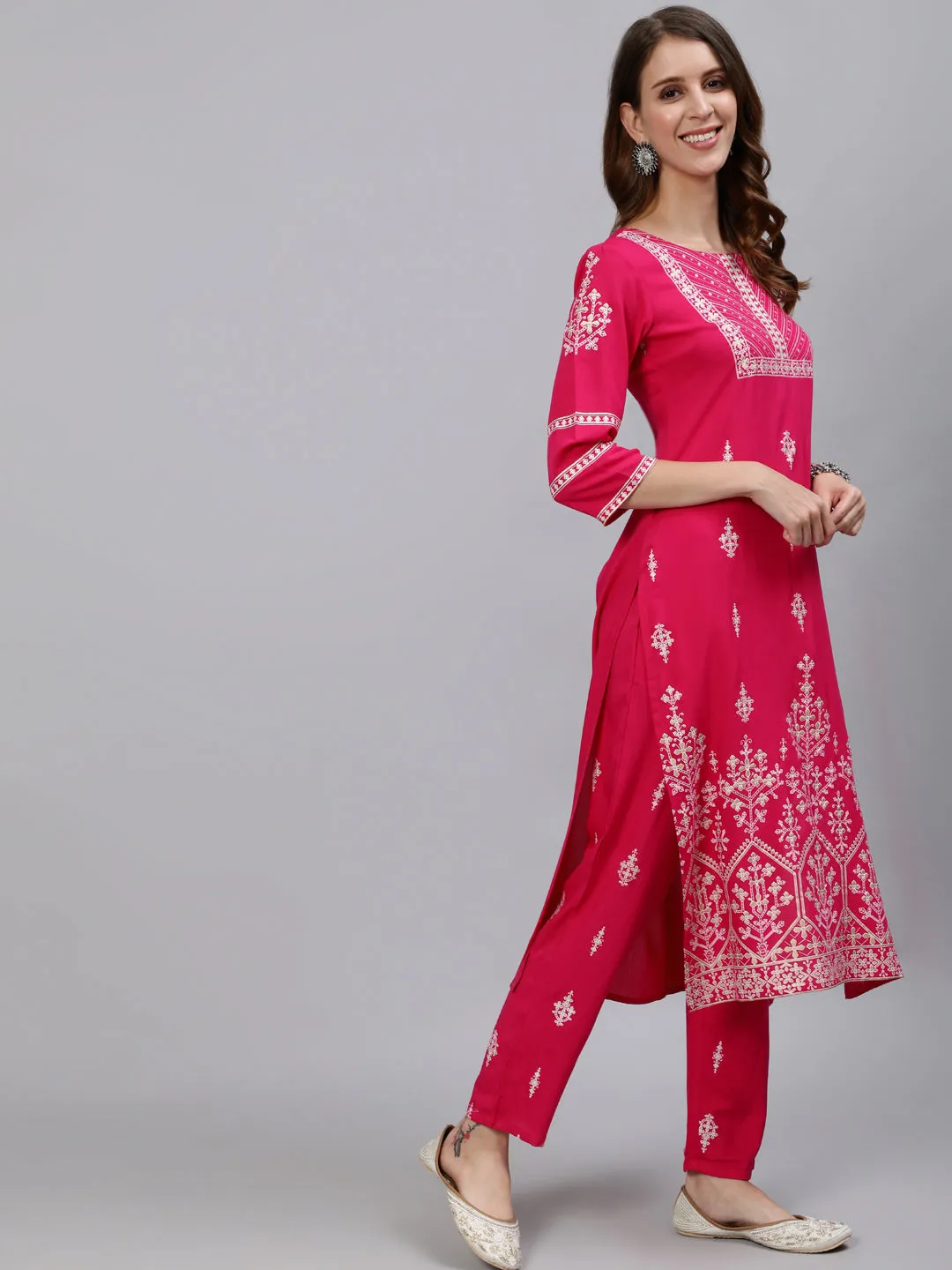 Anubhutee Women Pink Ethnic Motifs Printed Regular Kurta with Trousers  With Dupatta