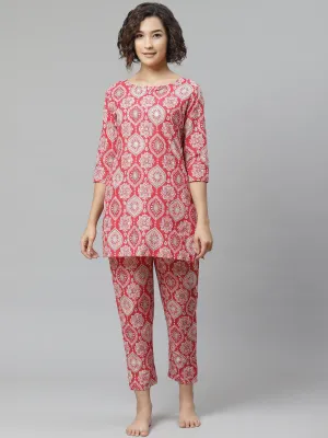 Anubhutee Women Red  White Printed Pure Cotton Night suit