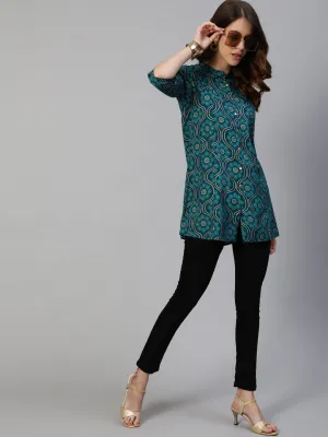 Anubhutee Women Teal Blue  Beige Ethnic Motifs Printed Straight Kurti