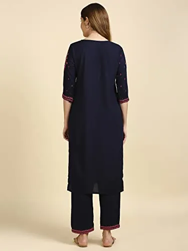 anubhutee Women's Rayon Navy Blue Mirror Work Ethnic Motifs Embroidered Straight Kurta Suit Set With Palazzo