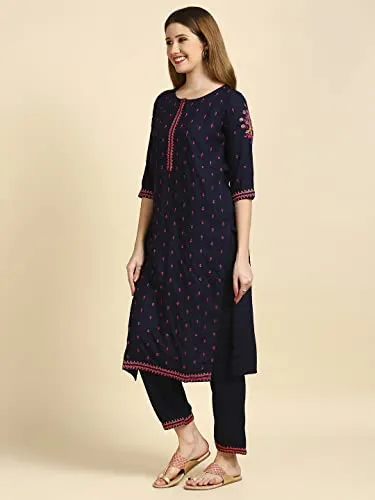 anubhutee Women's Rayon Navy Blue Mirror Work Ethnic Motifs Embroidered Straight Kurta Suit Set With Palazzo